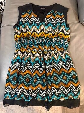 Enfocus Studio Aztec Print Sleeveless Dress - Teal, Mustard & Black